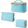 ELECDON Cosmetic Bag, 3 Pack Makeup Bag for Purse Pouch Travel Beauty Zipper Organizer Bag Gifts for Girl Women, PU Leather Washable Waterproof (Blue)