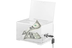 Afenau Boîte de dons verrouillable en acrylique avec 2 clés, urne de vote transparente avec autocollants, boîte de dons avec serrure, 16 x 11,8 x 10 cm, boîte de dons scellée pour vote, jeux au sort
