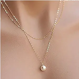 ITS New Elegant Double Layer Chain Imitation Pearl Pendant Chain Necklace for Women, Gold