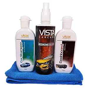 Vista Combo of Auto Care Dashboard 100ml, Car Wash Shampoo 100ml, Reshine 250 ml, and Expert Performance Micro Fibre Cloth 1pcs