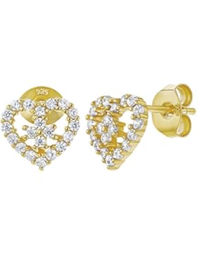 In Season Jewelry Mädchen - Ohrringe 925 Sterling Silber Herz Gelb Gold Geflammt Klarer CZ Zirkonia
