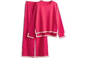 DONYKARRY 2 Pieces Jogginganzug Damen Set Langarm Lounge Sets Strickpullover Top Weites Bein Elastische Taille Hose Anzug
