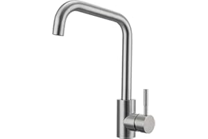 Hapilife Kitchen Tap Brushed Nickel Kitchen Sink Mixer Tap Stainless Steel Rectangle with Swivel Spout, Monobloc L Shaped Single Lever Mixers Sink Faucet with Hoses