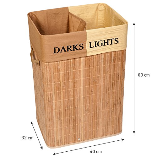 Tatkraft Dakota Groß 72L Wäschekörbe – Bodenkorb aus Bambus mit zwei Fächern für Helle und Dunkle Wäsche - 2