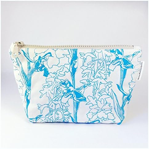 Quilted Floral Make Up Bag with Zip, Handprinted in Turquoise Cream, Washable