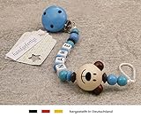 Baby SCHNULLERKETTE mit NAMEN | Schnullerhalter mit Wunschnamen – Jungen Motiv Bär in natur, blau - 2