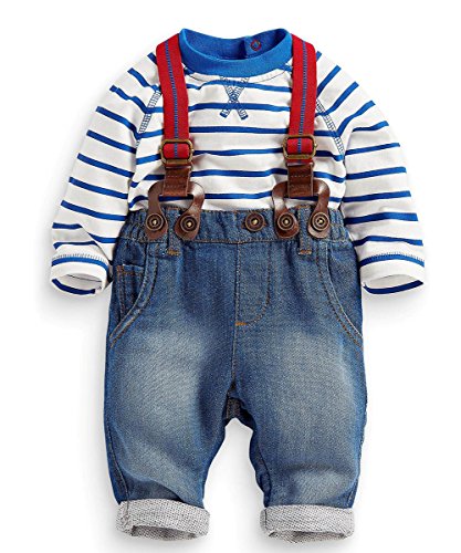 Newborn Unisex Baby Kids Blue Stripe Top + Jeans Braces 2pcs Clothes Set Outf...