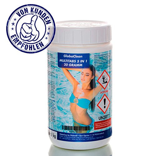 GlobaClean® 5in1 Chlor-Multitabs 1 Kg, 20g Tabs, Flockung & pH Stabilisierung, Dauerdesinfektion, Algenverhütung mit Klareffekt, Komplettpflegemittel ohne Lösungsrückstände Ohne Borsäure Chlorgehalt 85%
