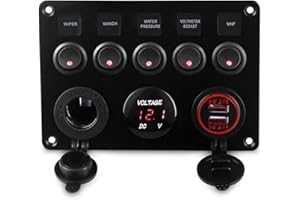 Geloo 12V 24V Toggle Switch Panel, IP65 Waterproof Car Rocker Switches 4.2A Dual USB Charger Port Lighter Socket Digital Voltmeter Display for Car Boat Truck (Red)