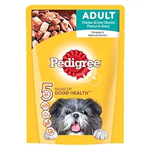 Pedigree Adult Wet Dog Food, Chicken and Liver Chunks in Gravy, 80g Pouch