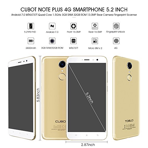 CUBOT Note Plus Smartphone 4G LTE Ohne Vertrag mit Fingerabdruck-Sensor, 5.2-Zoll-IPS-Bildschirm, Dual RÃ¼ckkamera, Dual SIM Standby, Android 7.0, 3GB RAM + 32 GB ROM, Bluetooth, GPS, WiFi(Golden)