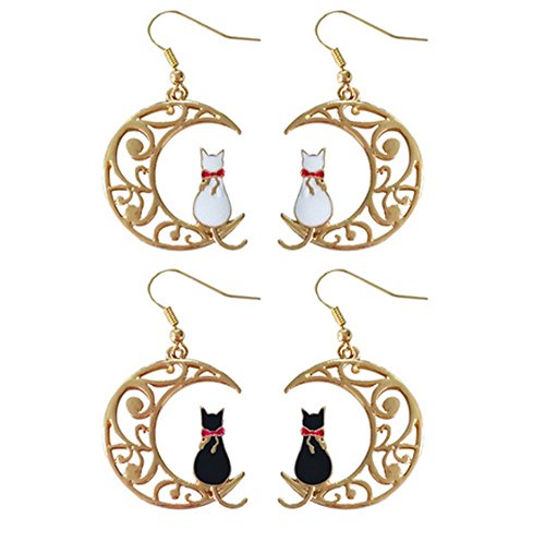 Uhat® 2 Paires Boucle D'oreille Femme Métal Ajouré Lune Chat Noir Blanc Bijoux Pour Femme Fille