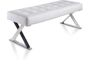 AC ANGEL CERDÁ Angel Cerdá - Banqueta Descalzadora - Tapizada en Polipiel Blanca - Patas Cromadas en Forma de Aspa y Capitoneado - Diseño Moderno - Banqueta Auxiliar para Dormitorio - 120 x 45 x 42 cm