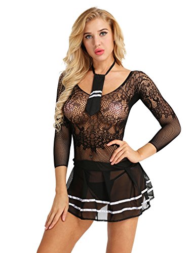 dPois Women's Naughty Cosplay Costumes School Student Uniform See Through Mini Dress with Necktie Black