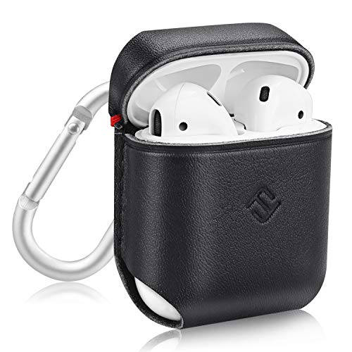 Preisvergleich Produktbild Fintie AirPods Schutzhülle - Premium Echtleder Handgefertigt Stoßfeste Schutzhülle Tasche mit Metallschließe für Apple Airpods Aufladen Case, Schwarz(Echtleder)