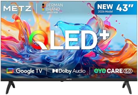 Metz 43 Pollici Smart TV con Google TV Televisore LED, Gen 6 QLED +, HDR 10 Dolby Audio Bluetooth 5,1 EyeCare DVB-T/T2/C/S/S2 CI+ HEVC Main10, 1.5GB RAM Upgrade (43MQH7000Z, 2026 Nuovo Modello)