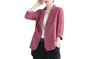 GOOLECRIMP Las Mujeres de algodón y Lino Blazer Primavera y Verano Suelta Casual de un Solo Color de Solapa de Manga Larga Hebilla Chaqueta Delgada