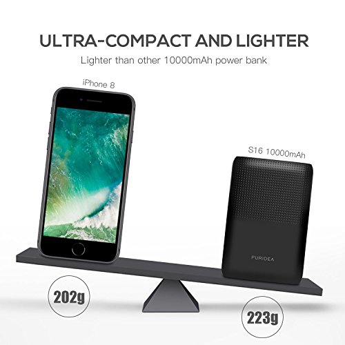 Portable-phone-charger-10000mAh-Power-Bank-PURIDEA-Black-Li-polymer-External-Battery-Pack-Backup-Phone-ChargerMax-3A-OutputLCD-power-display-for-iPhone-iPad-Samsung-LG-Google-Pixel-and-More