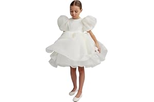 M MUNCASO Girls Party Dress, V Backless Puff Short Sleeves, Ruffle Hem Dresses Up for Wedding Dinner Birthday Occasion, 2-8 Years