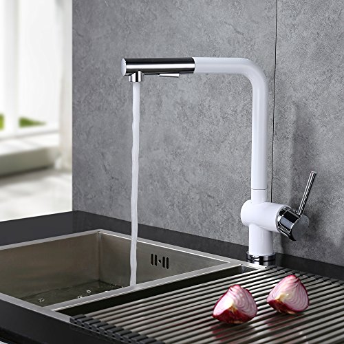 DESFAU 2 Funciones Blanco Grifo de Cocina extraíble 360° Giratorio Grifo de Fregadero Monomando de Fregadero Grifería Cocina Agua Fría y Caliente