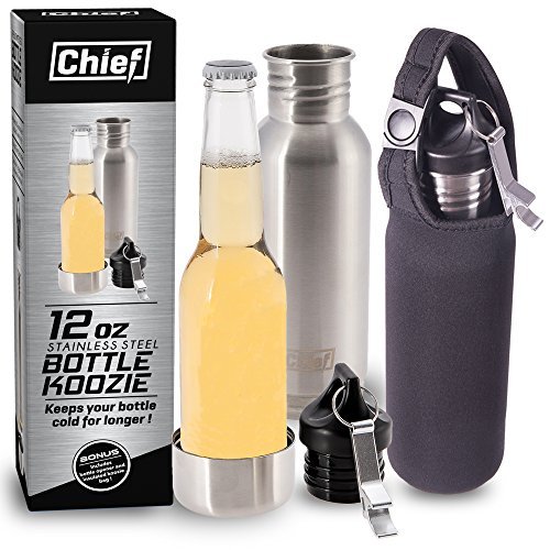 Preisvergleich Produktbild Bierflaschenkühler von Chief aus rostfreiem Stahl mit Isolierung + Flaschenöffner aus Stahl + Isoliertasche als Bonus + E-Book + Geschenkbox