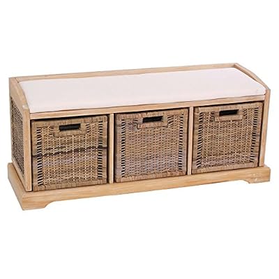 Mendler Banc/Banquette Bienne, avec 3 paniers de Rangement, Bois/Osier, 112x37x46cm