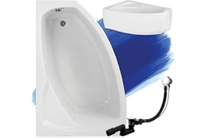 POLIMAT BADLAND Badewanne Original Weiß Acryl Wanne Eckbadewanne FRIDA 140x90 Links KOMPLETTSET SET mit Weiß Acrylschürze + Füßen und Exklusive Chrom Automatik Ablaufgarnitur Made in EU 4in1