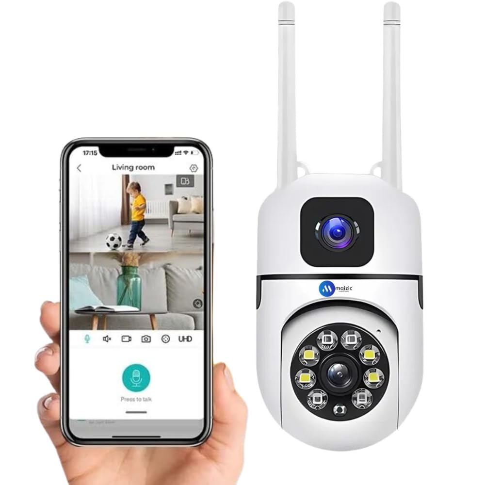 Maizic Smarthome Dual Lens/Dual Screen 4+4 MP WiFi CCTV Camera with 1440 Px Full Color Night Vision, Two Way Audio, PTZ Control, Siren, 360° View, Motion Detectio (Dual Lens)