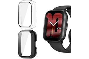 KeeFos 2 Piece Case Compatible with Amazfit Active, PC Protective Cover with Tempered Glass Screen Protector, Overall Protective Case for Amazfit Active - Black+Transparent
