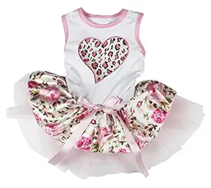 Petitebella Leopard Heart Puppy Dog Dress (White/Pink Floral, Large)
