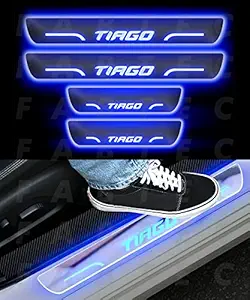 Fabtec Car Door Protection Foot Step Led Sill Plate Compatible for TATA Tiago (Set of 4PCS, Blue)