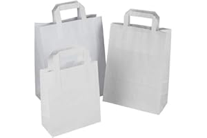 MAX SOLUTIONS Lot de 25 sacs à emporter en papier kraft marron avec poignées, respectueux de l'environnement, sûr pour les fêtes, les plats à emporter, le bar, le restaurant - Taille S - Blanc - 17,8 x 22,9 x 8,9
