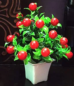 Artificial Flower Pot Red Cherry Tableware Home Decor Living Room Shop Office Bed Room Washroom & Gift Artificial Plant with Pot Pack of 1 (Red & Green)