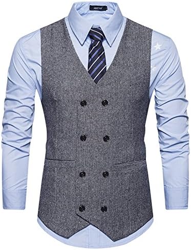 FULIER Men’s Waistcoat Double Breasted Suit Vest British Style Jacket Classic Formal Gilet (M, Grey)