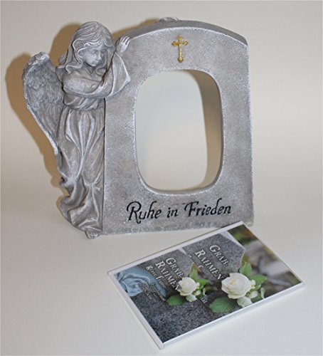 Grabengel Engel stehend neben Grabstein für Foto Grabstein mit Spruch Ruhe in Frieden anmutiger Grabschmuck Trauerschmuck Grabfigur Trauerfigur Gedenkstein für Foto wetterfest - 3