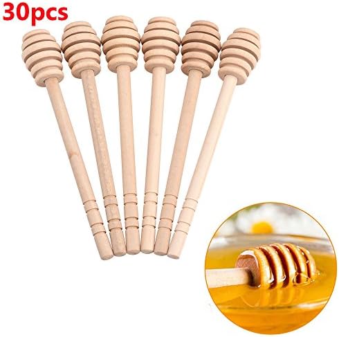 QuiCi 30pcs Wooden Mini Jam Honey Dipper Jar Dispensing Collecting Stirring Rod Stick (10cm)