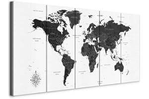 murando - Quadro Mappamondo 150x60 cm 5 Pezzi Stampa su tela in TNT XXL Immagini Moderni Murale Fotografia Grafica Decorazione da Parete Quadri Componibili Mappa del mondo Continente