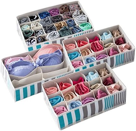 Canvas Striped Drawer Organisers Collapsible Closet Dividers and Foldable Storage Box For Bras, Underwear, Socks, Neck Ties, Scarves and Any Small Accessories –Set of 4