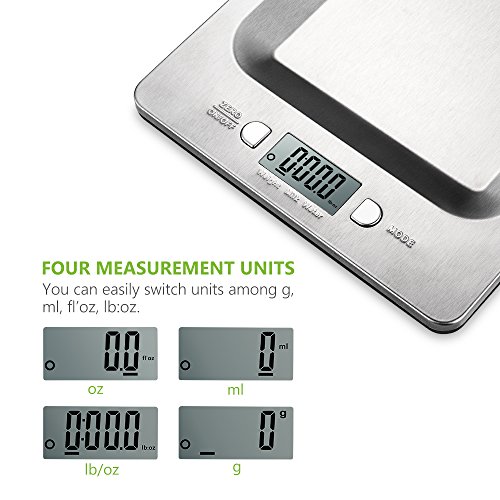 Topop Küchenwaage mit 11lb 5kg Gewicht Kapazität Electronische Edelstahl Kitchen Scales Digitalwaage Nahrungsmittelskala mit 4 Maßeinheiten - 3