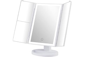 GRIFEMA Vanity Makeup Mirror - Trifold Table Mirror with 32 LED Lights & 3X/2X/1X Magnification, Touch Screen, 360° Rotation, Two Power Supply - Gift for Women, White