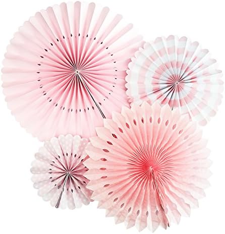 Kenmu Hanging Paper Fans, Party Planning Decorations and Birthday Supplies, Assorted Set of 4 Circular Paper Flowers, Hanging Pink Fan for Christmas,Celemonies, Easter, Pre-Folded, Easy Assembly (pink)