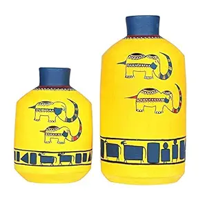 Happy Elephants Madhubani Yellow Vases(Set of 2) (6.7x4.2/9.8x4.8)