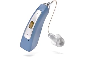 Elektrisches wiederaufladbares Soundgerät mit Noise Cancelling, 32-Kanal Digital Klanggerät Leicht & Diskret, inkl. 3 Ohrpassstücke (S/M/L) – Delmicure Audiogerät für Senioren (hellblau)