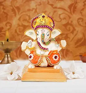 UniqueArt White Stone God Ganesha with Rosewooden Base Car Dashboard Decor Statue | Hindu Idol God Ganesh Ganpati Decor Sculpture | Decorative Gift (Multicolor)