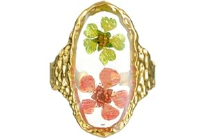 HEBELEE Handmade Dried Flower Statement Ring for Women Girls Gold Plated Stainless Steel Adjustable Pressed Blossom Forget-Me-Not Flowers Open Band Rings Wedding Holiday Jewelry Gift