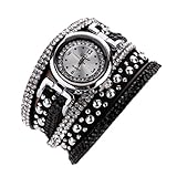 Ouneed® Uhren, Damen Vintage Mode Kristall Band Armband Dial Quarz Kleid Handgelenk analoge Uhr (Schwarz)