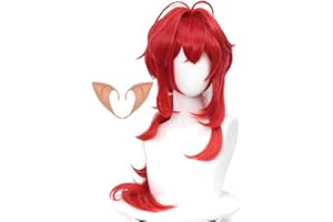 PWEINCY Diluc Genshin Impact Cosplay Wig Long Curly Red Womens Halloween Costume Party Hair
