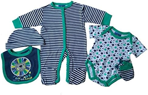 LILY &amp; JACK New Baby Boys King Of The Jungle 5 Piece Sleepsuit Gift Set, Size Newborn, 0-3 &amp; 3-6 Months (3-6 Months)
