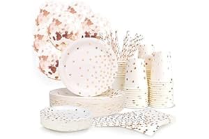MMBOX Lot de 300 assiettes Jetables en papier or rose - 50 assiettes plates, 50 assiettes à dessert, 50 gobelets, 50 serviettes, 50 pailles, 50 ballons,Fête d'anniversaire, mariage, Vacances 300Pcs