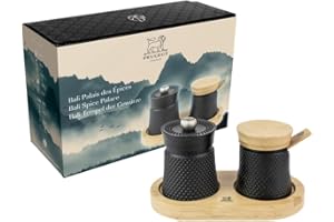 PEUGEOT - Geschenkset Bali Palais des Épices - Pfeffermühle 8 cm aus Gusseisen + Salzbehälter aus Gusseisen + Bambustablett - Klassische Mahlgradeinstellung - Schwarz/Naturfarben